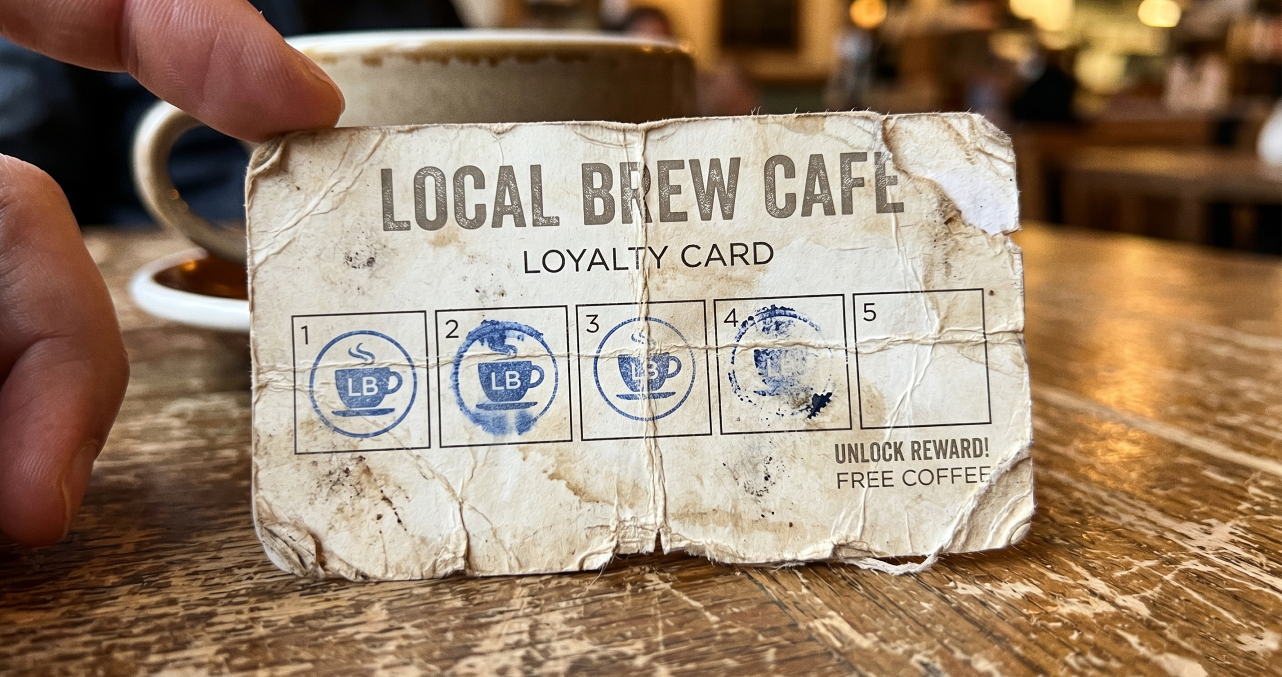 A digital loyalty card on a phone next to a paper stamp card